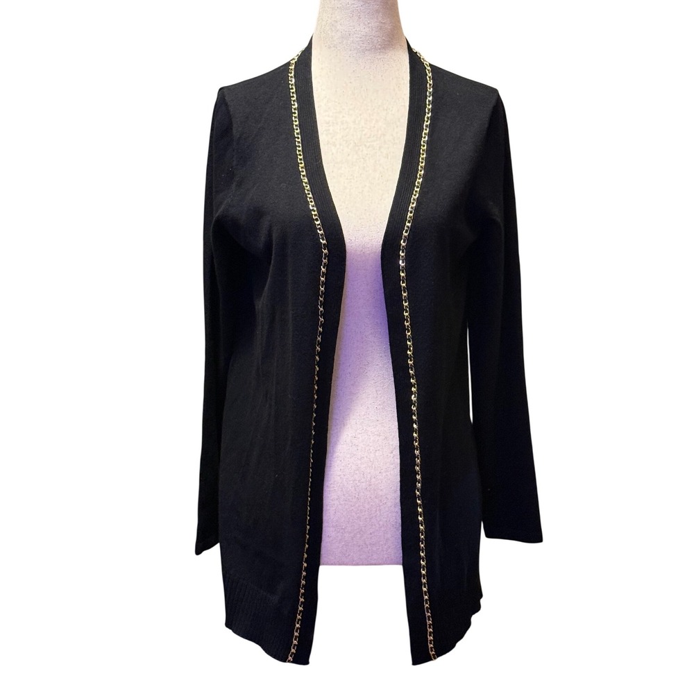 Size S‎ Rio & Rian Black Open Front Cardigan with Gold Chain Trim with Purse